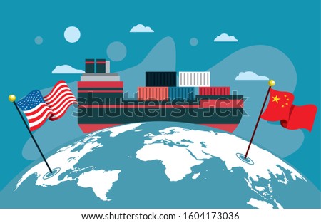 merchant ship with flags China and usa around the world vector illustration design