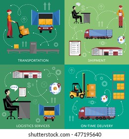 Merchant shipping. On-time delivery, logistic service in business, industry. Warehouse, transportation supply chain management infographics. Cargo truck, forklift storehouse work vector illustration
