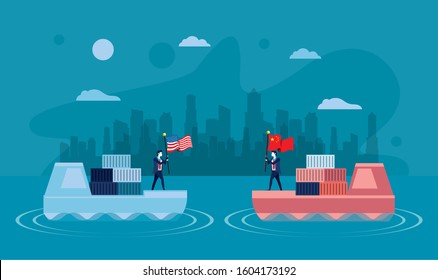 merchant ships with business people and China and usa flags vector illustration design