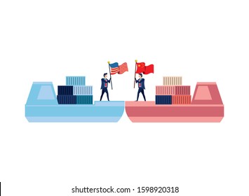 merchant ships with business people and usa and china flags vector illustration design