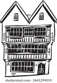 Merchants House Museum, Plymouth, Inglaterra ilustração de tinta de referência. Casa com moldura de madeira, desenho de arquitetura elizabetano. Histórico cultural atração turística desenho. 