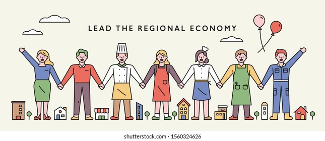 Merchants are joining hands for regional economic development. Web banner concept design. flat design style minimal vector illustration.