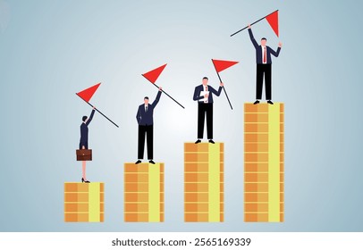 merchants standing with flags on different piles of gold coins