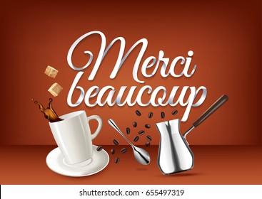 "Merci beaucoup" paper hand lettering calligraphy. Vector illustration with coffee objects and text. French translation: Thank you very much