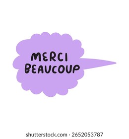 Merci Beaugolpe. Balão de fala. Cor roxa. Francês. Muito obrigado. Design plano. Ilustração vetorial.