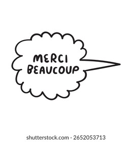 Muito obrigado em francês. Contornar o design vetorial. Ilustração desenhada à mão.