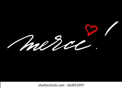 Merci french phrase quote Thank you in French. Handwritten white text isolated on black background, vector. 