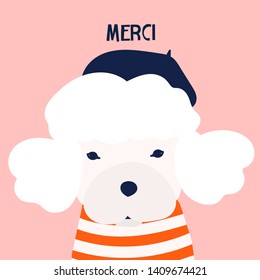 Merci. French poodle dog. Little puppy with barret hat and striped shirt. Cute funny character. Hand drawn vector greeting card for apologies. Colored trendy illustration. Flat design