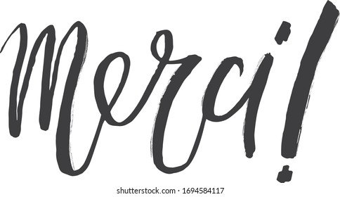 Merci. French word meaning thank you. Custom hand lettering for your design. Can be printed on greeting cards, paper and textile designs, etc.