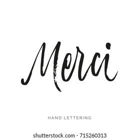 Merci. French word meaning thank you. Custom hand lettering for your design. Can be printed on greeting cards, paper and textile designs, etc.