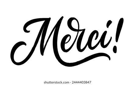 Merci, la palabra francesa para gracias. Vector pincel caligrafía letras. Texto dibujado a mano aislado sobre fondo blanco.