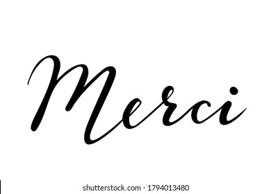 Merci handwritten lettering. Thank you in French. Ink illustration. Modern brush calligraphy. Isolated on white background. Gratitude words for postcards.