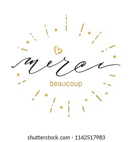 Merci inscription design. Modern handwritten brush calligraphy. Isolated on the white background. Merci vector illustration. Sticker for social media content, cards, invitations,  posters