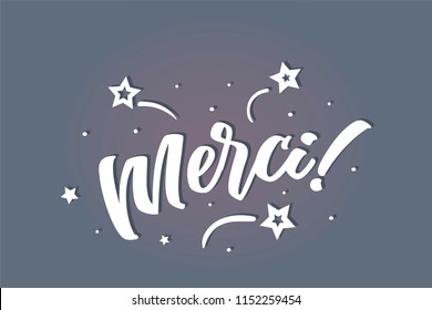 Merci lettering card, banner. Beautiful greeting scratched calligraphy white text word stars. Hand drawn invitation print design. Handwritten modern brush blue background isolated vector