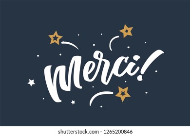 Merci lettering card, banner. Beautiful greeting scratched calligraphy white text word stars. Hand drawn invitation print design. Handwritten modern brush blue background isolated vector