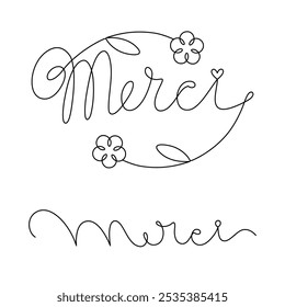 Merci lettering drawn with one continuous line in minimalism. French language. Editable vector outline