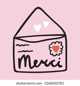 Merci. Outline letter. Vector hand drawn illustration on pink background.