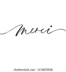 Merci phrase handwritten with a calligraphic brush. Thank you in French. Ink illustration. Modern brush calligraphy. Isolated on white background.