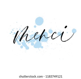 Merci phrase handwritten with a calligraphic brush. Thank you in French. Ink illustration. Modern brush calligraphy. Isolated on white background.