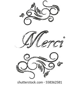 Merci postcard. Hand drawn greeting card. Ink illustration. Modern brush calligraphy. Thank you in French