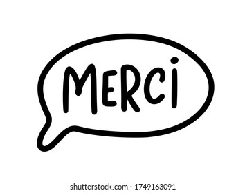 MERCI. Thank you card in french language. French quote. Vector text. Give thanks. Graphic print greeting card for Thanksgiving day. Hand drawn lettering for healthcare heroes. Gratitude doodle