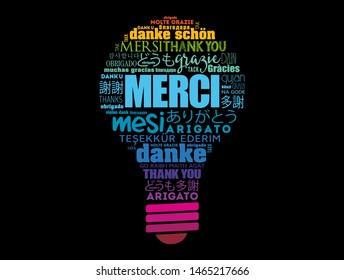 Merci (Thank You in French) light bulb word cloud in different languages