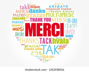 Merci (Thank You in French) love heart word cloud in different languages