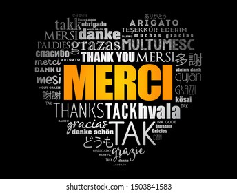 Merci (Thank You in French) love heart word cloud in different languages