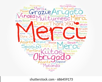 Merci (Thank You in French) love heart Word Cloud, all languages, multilingual for education or thanksgiving day