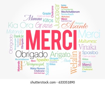 Merci (Thank You in French) Word Cloud background, all languages, multilingual for education or thanksgiving day