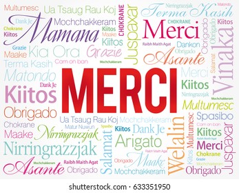 Merci (Thank You in French) Word Cloud background, all languages, multilingual for education or thanksgiving day