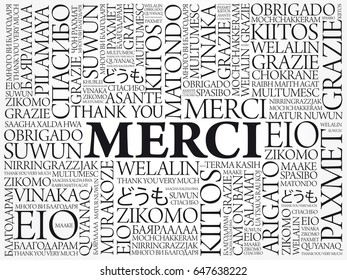 Merci (Thank You in French) Word Cloud background, all languages, multilingual for education or thanksgiving day