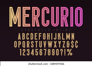 Mercurio inline font, typeface, alphabet. Condensed original typeset for poster design, title, logo. Vector illustration