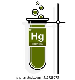 Mercurio symbol - Mercury in Spanish language - on label in a green test tube with holder. Element number 80 of the Periodic Table of the Elements - Chemistry 