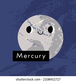 Mercury. Cute kawaii planet character with smiling face. Funny celestial body. Solar system. Astronomyfor kids. Vector flat cartoon illustration