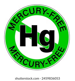 Mercury free sign, with curved text and Hg, the symbol of the chemical element. White background.	