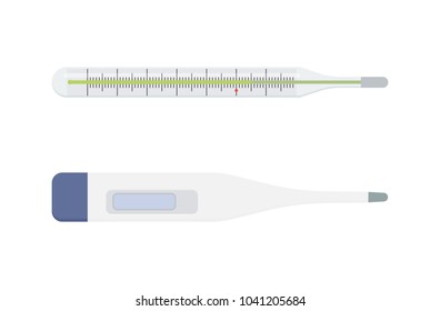 Mercury in glass and digital thermometers. Medical tools to measure body temperature isolated on white. 