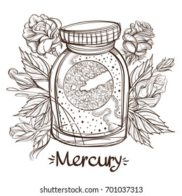 Mercury in a glass jar. The planet of the solar system in a glass bowl on a stand. Illustration for design on the astrology, astronomy, spirituality.