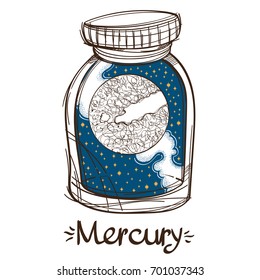 Mercury in a glass jar. The planet of the solar system in a glass bowl on a stand. Illustration for design on the astrology, astronomy, spirituality.