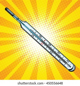 Mercury glass medical thermometer temperature of 36.6 degrees Celsius pop art retro vector, realistic hand drawn illustration.