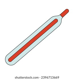 Objeto de dibujos animados lineales 2D del termómetro de vidrio de mercurio. Medición de la herramienta de temperatura corporal elemento vector de línea aislado fondo blanco. Fiebre alta. Ilustración de mancha plana de color de instrumento médico