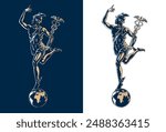 
Mercury or Hermes and Earth globe, patron god of trade, commerce, financial gain and communication, in winged helmet, holding caduceus staff, isolated on the white background. Vector illustration