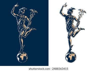 
Mercury or Hermes and Earth globe, patron god of trade, commerce, financial gain and communication, in winged helmet, holding caduceus staff, isolated on the white background. Vector illustration