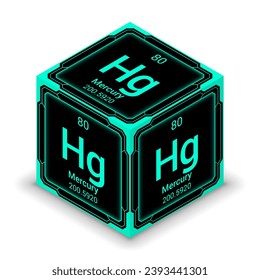 Mercury (Hg) (080) - Fundamental Element Futuristic Cybernetic Cube Block Isometric View, Icon Isolated White Background, Periodic Table, Chemical Symbol, Name, Atomic Mass, Atomic Number