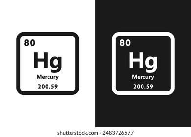 Icono de elemento periódico químico, mercurio, Hg. Elemento químico de la tabla periódica. Firma con un número atómico. Elemento de mercurio