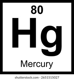 Bloco da tabela periódica de elementos Mercúrio (Hg). Ícone com número atômico 80. Um metal de transição que é líquido à temperatura ambiente, também conhecido como prata rápida.