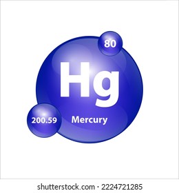 Mercury, Hydragerum (Hg) icon structure  chemical element round shape circle blue dark. 3D Illustration vector. Chemical element of periodic table Sign with atomic number. Study science for education.