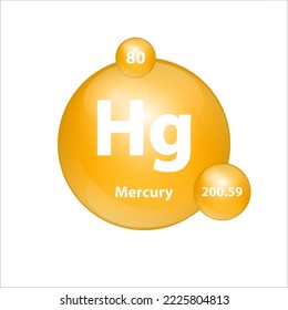 Mercury, Hydragerum (Hg) icon structure chemical element round shape circle yellow dark. Chemical element of periodic table Sign with atomic number. Study in science for education. 3D vector.