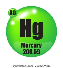 Mercury icon. Hg chemical element. Atomic number 80. Mass 200.59. Green sphere.