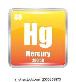 Mercury icon. Hg chemical element. Atomic number 80. Mass 200.59. Yellow square symbol.